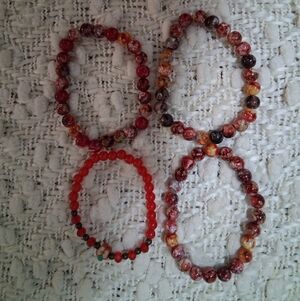 New Set of 4 Handmade Red & Multi-Color Fire Agate Style Beaded Bracelets